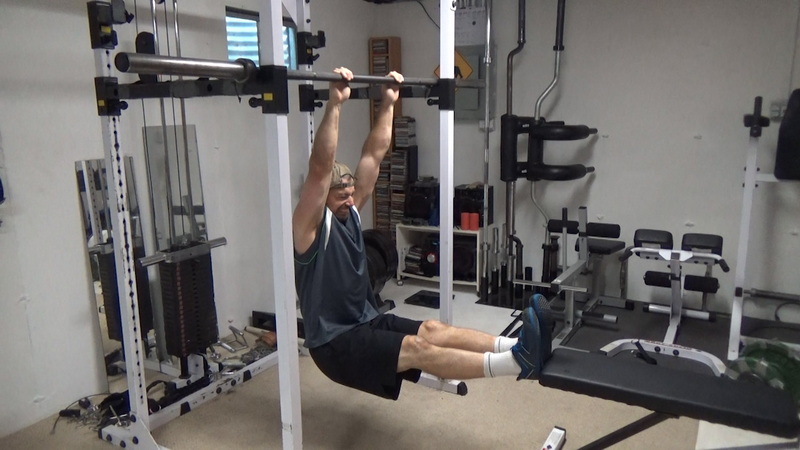 Feet-On-Bench Chin-Ups for Greater Lat Stretch Start
